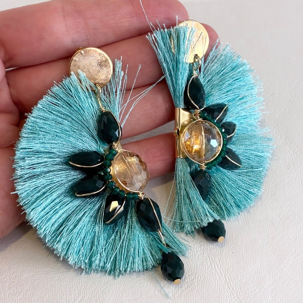 Fringe Tassel Statement Earrings Teal Beaded Faceted Stones Fan Gold Tone